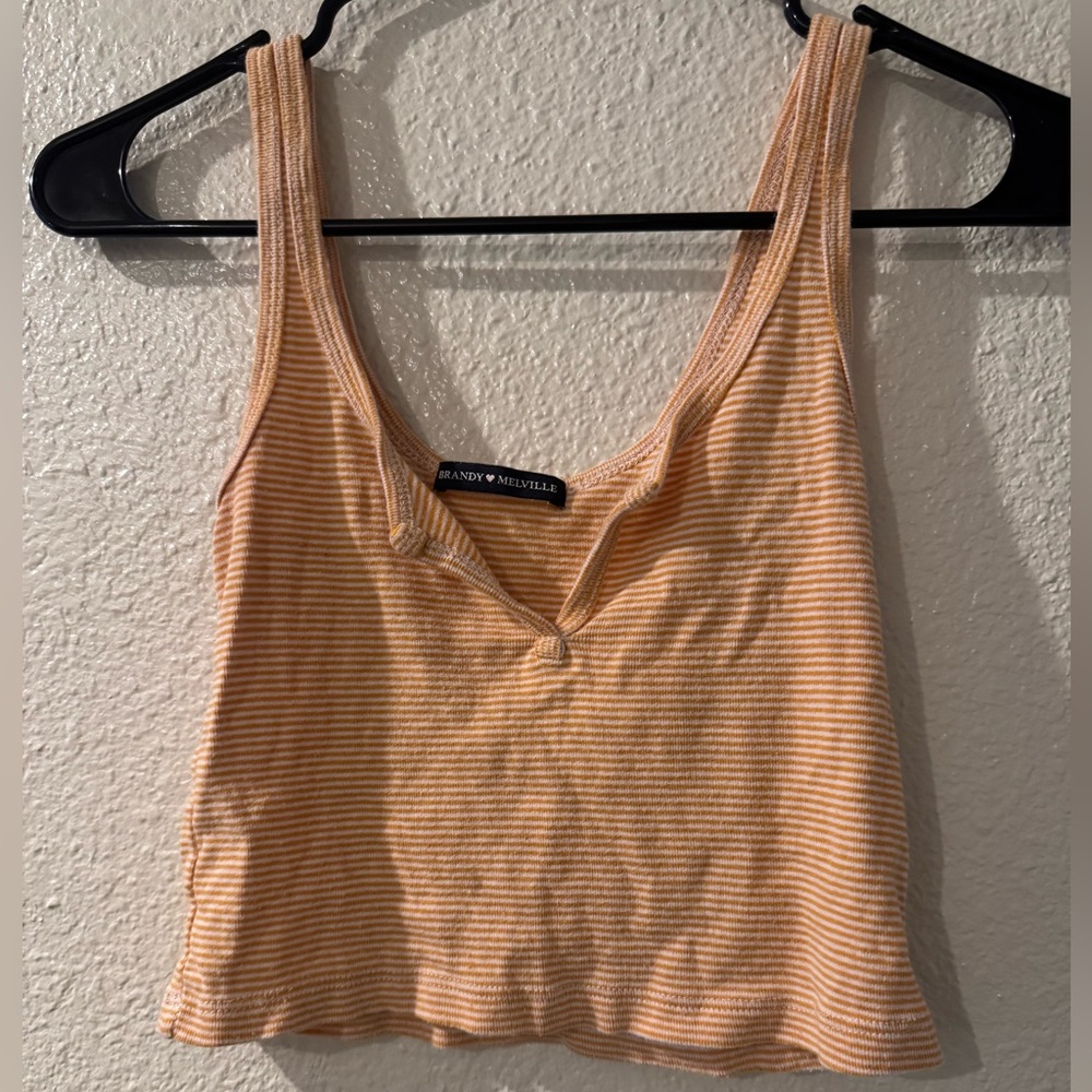 Brandy Melville Yellow & White Striped Cropped Tank with Knot Detail
